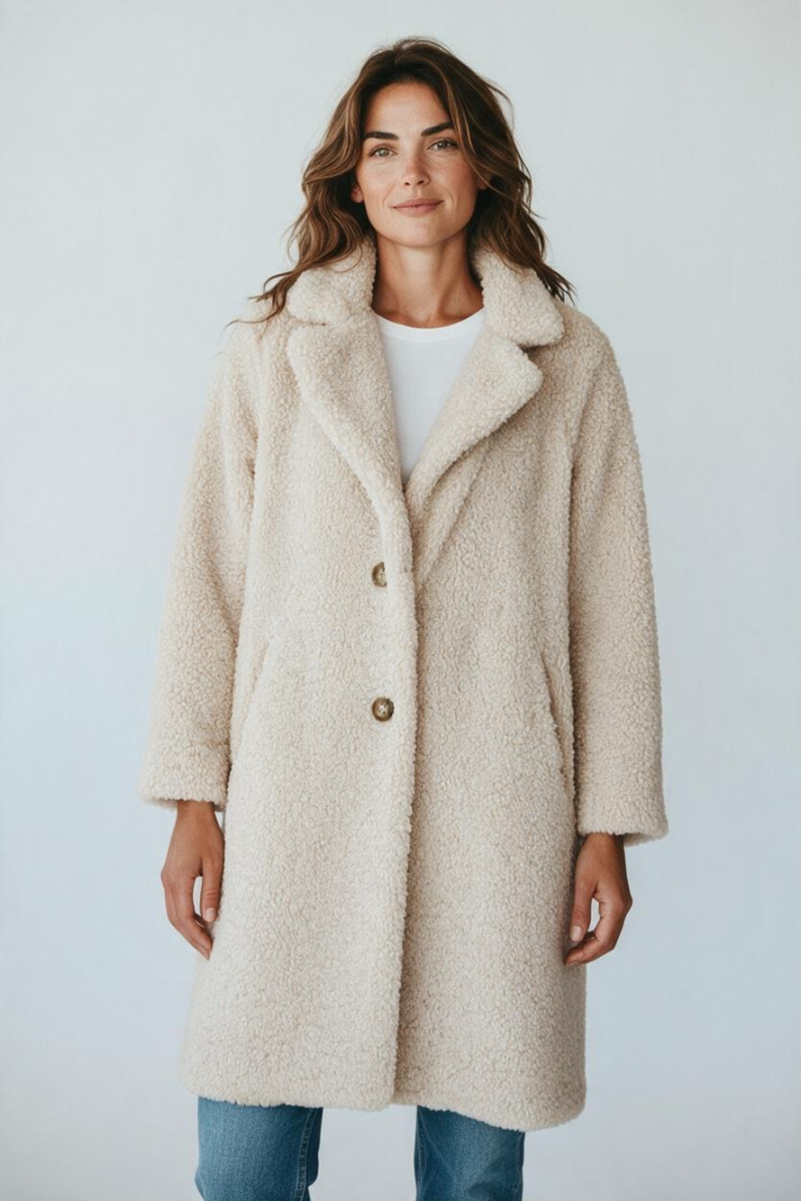 Gallery New York Teddy Coat Cream Sherpa Faux Fur Long Jacket